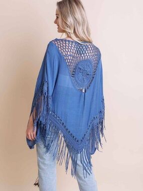 Ever B Boho Crochet Fringe Kimono in Dusty Blue, Size L